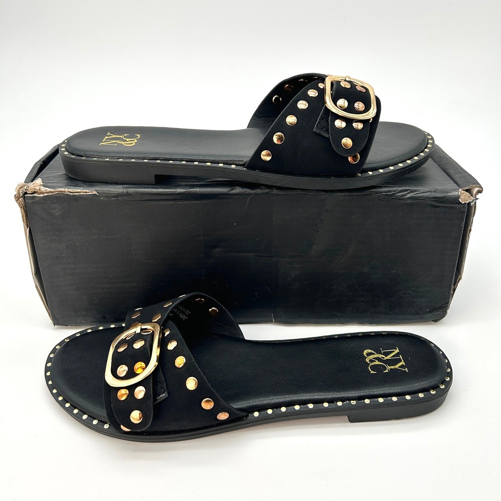 Womens Slide Sandals New York & Company Westly Size 8 Black Buckle Studded NEW